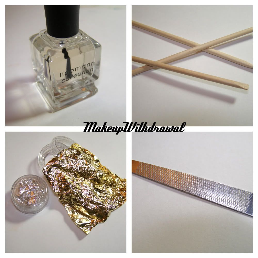 -Nail safe gold foil -metal file -clear polish -manicure stick